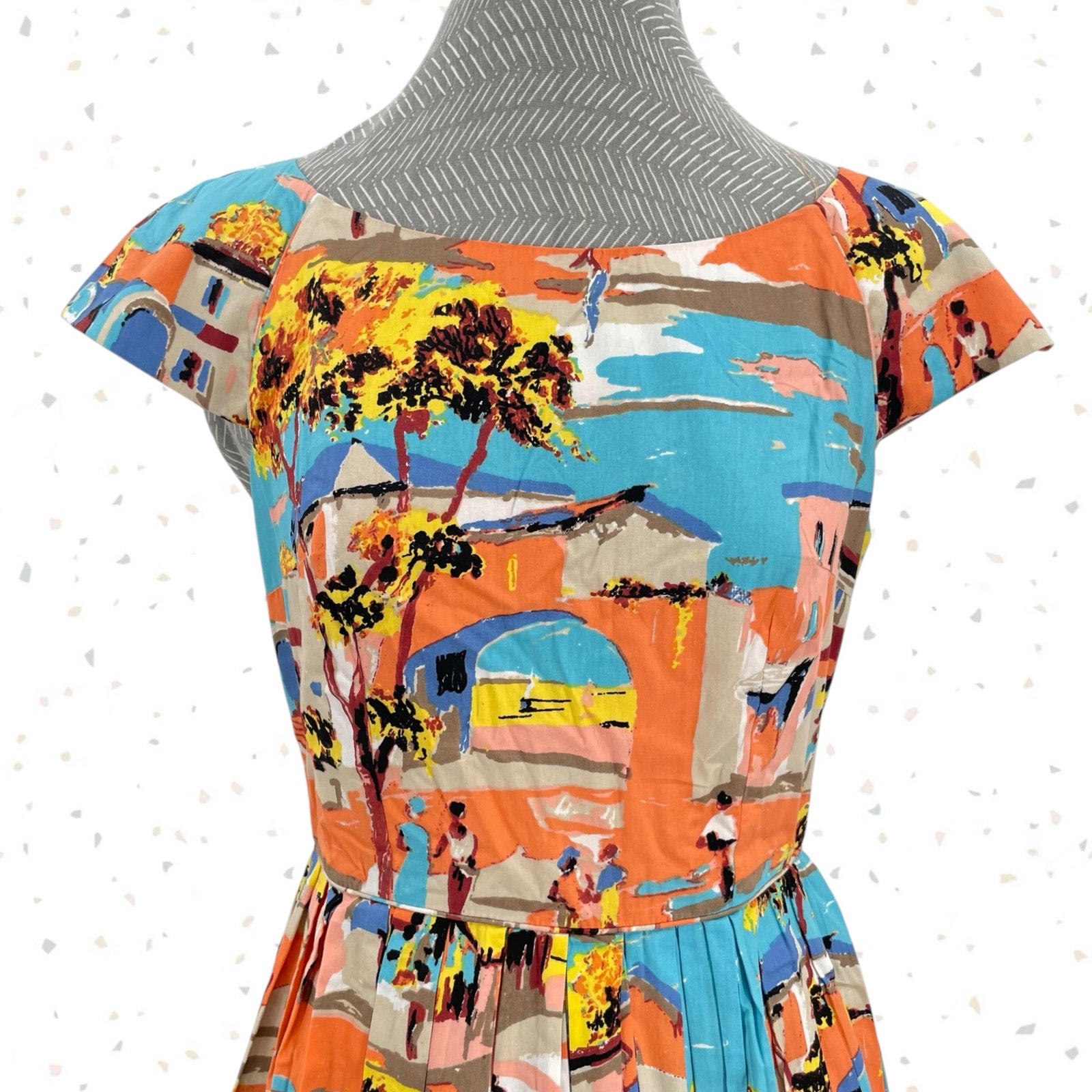 Emily Fin Claudia Havana Pleats Dress Blue Pink Summer Coastal Print Size S New — image 2 of 8